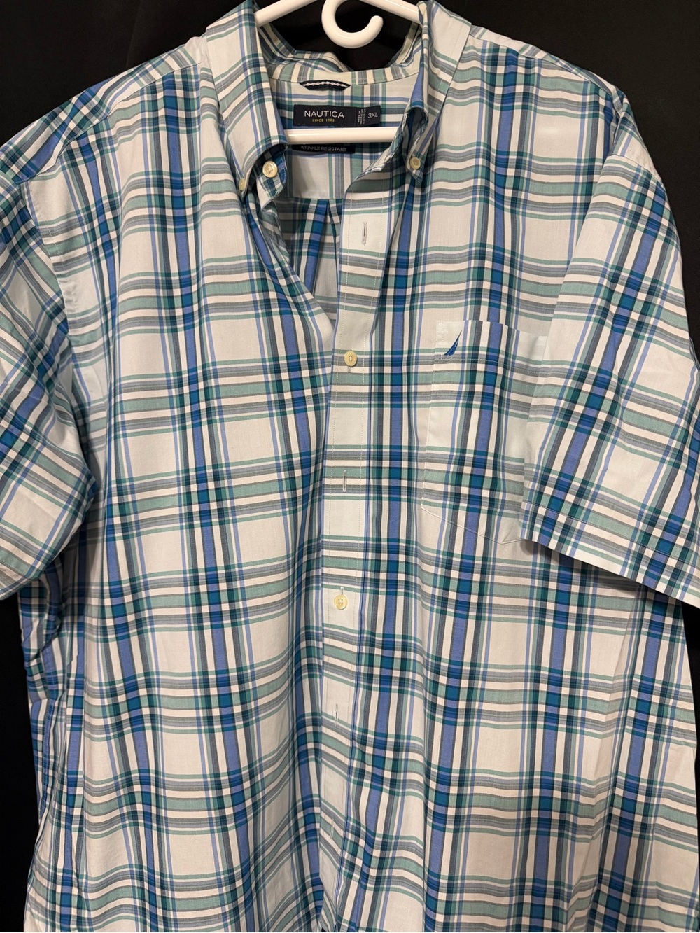 Nautica White Plaid Short-Sleeve Button-Down with Blue & Teal Stripes